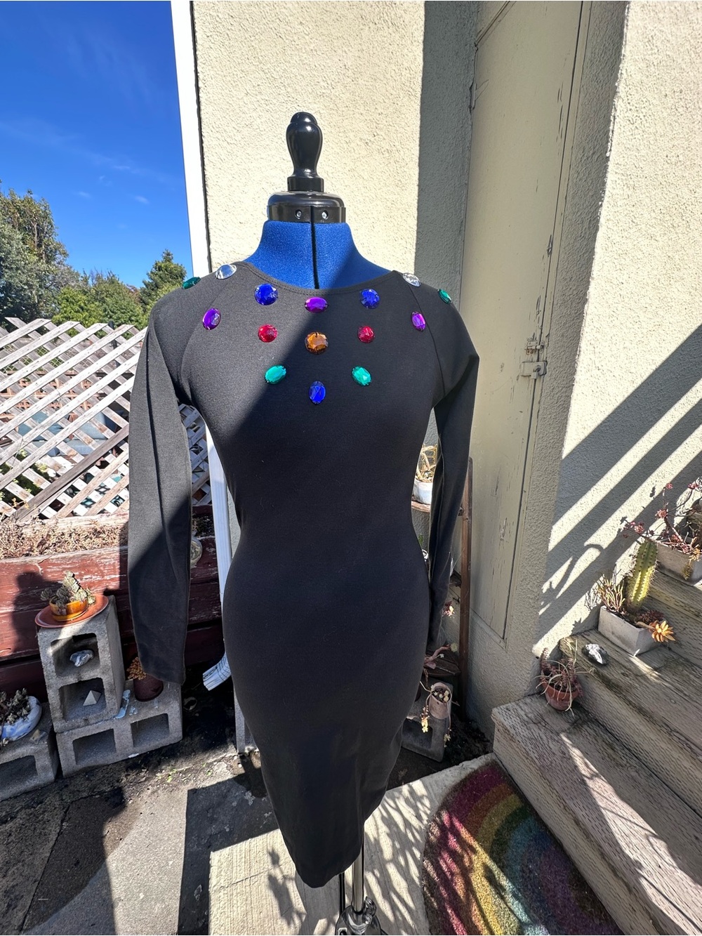 Vintage 90’s Bodycon Black Long-Sleeve Midi Dress with Multicolor Jewel Accents